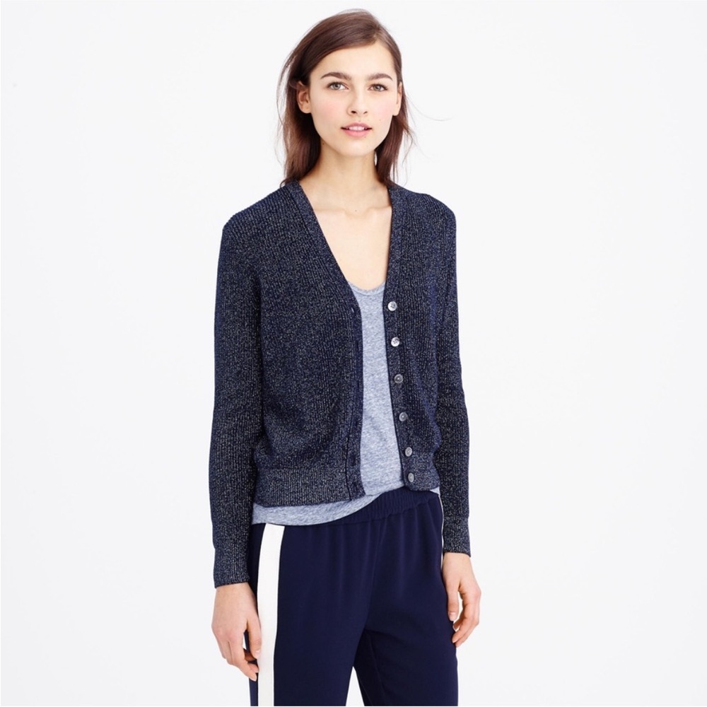 J. Crew Navy Blue Metalic Thread Long Sleeve Women's Cardigan Sweater Medium